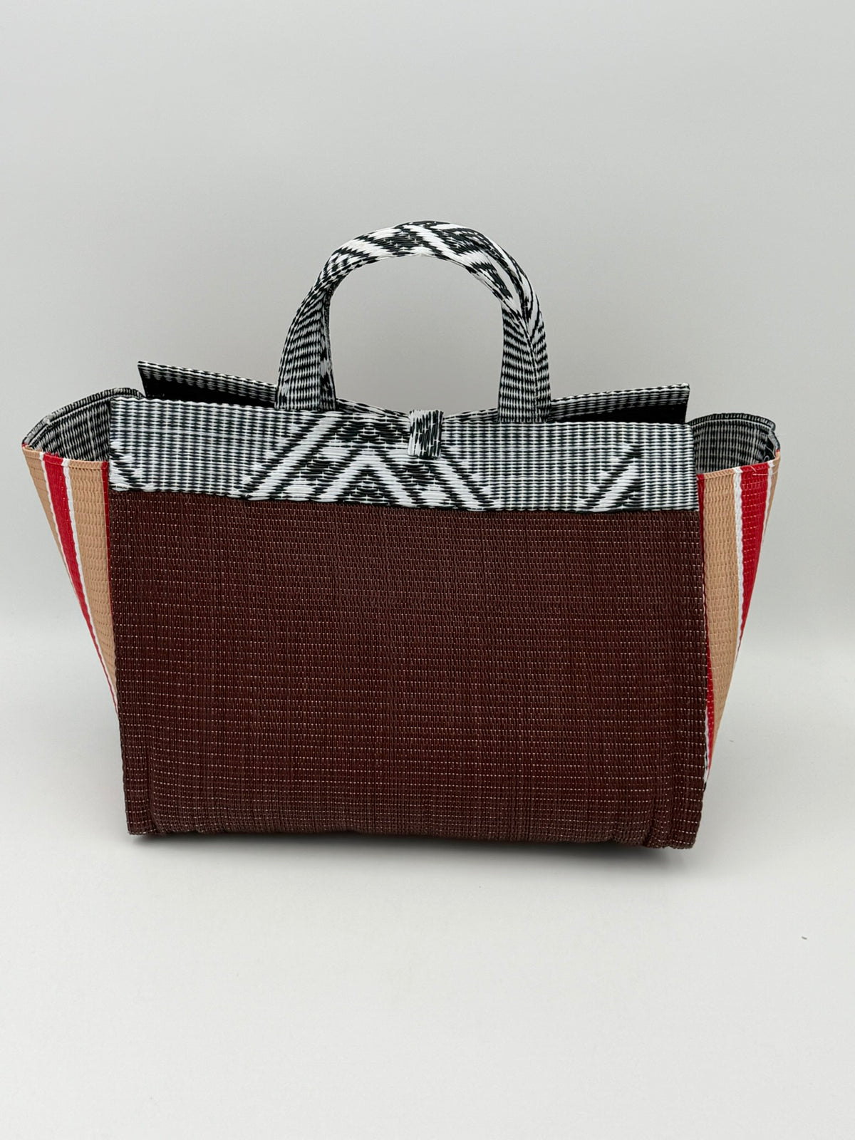 Brownie Large handwoven tote bag by SCRUBIES in Brown,Beige,White,Black with Solid design and Abstract accent pattern
