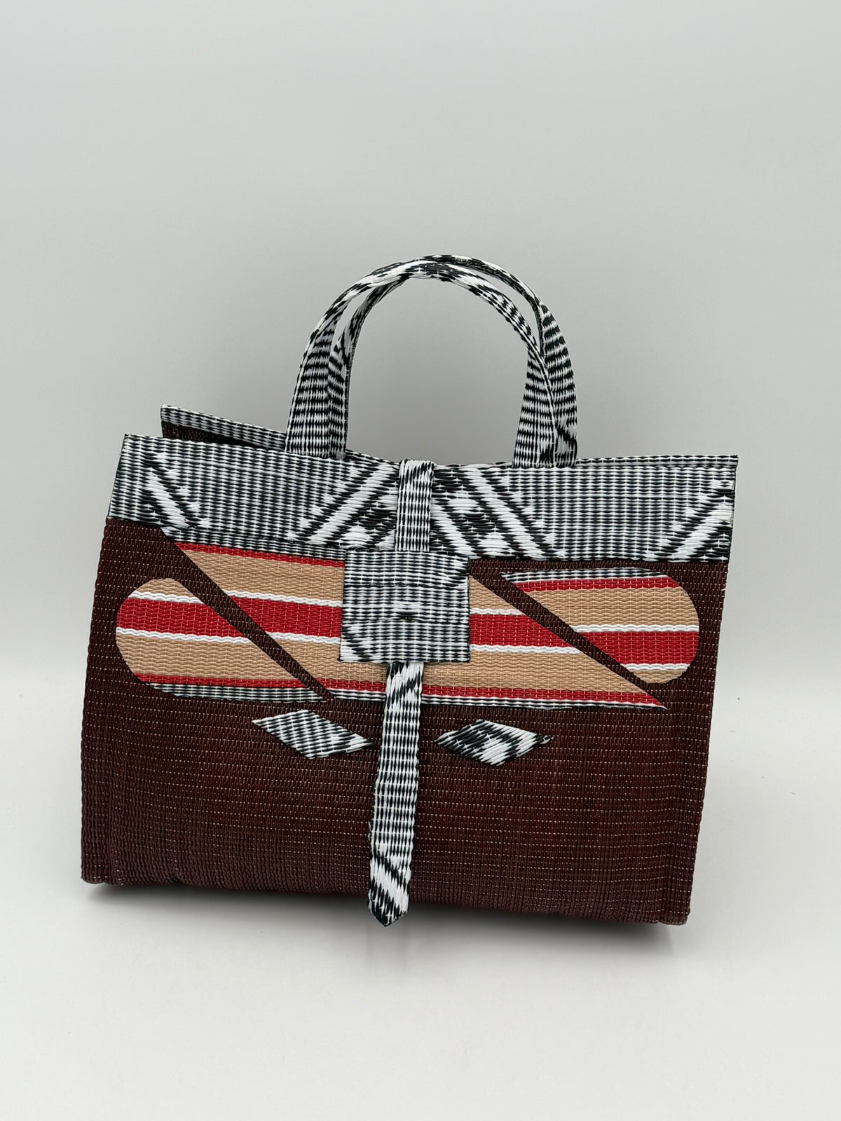 Brownie Large handwoven tote bag by SCRUBIES in Brown,Beige,White,Black with Solid design and Abstract accent pattern