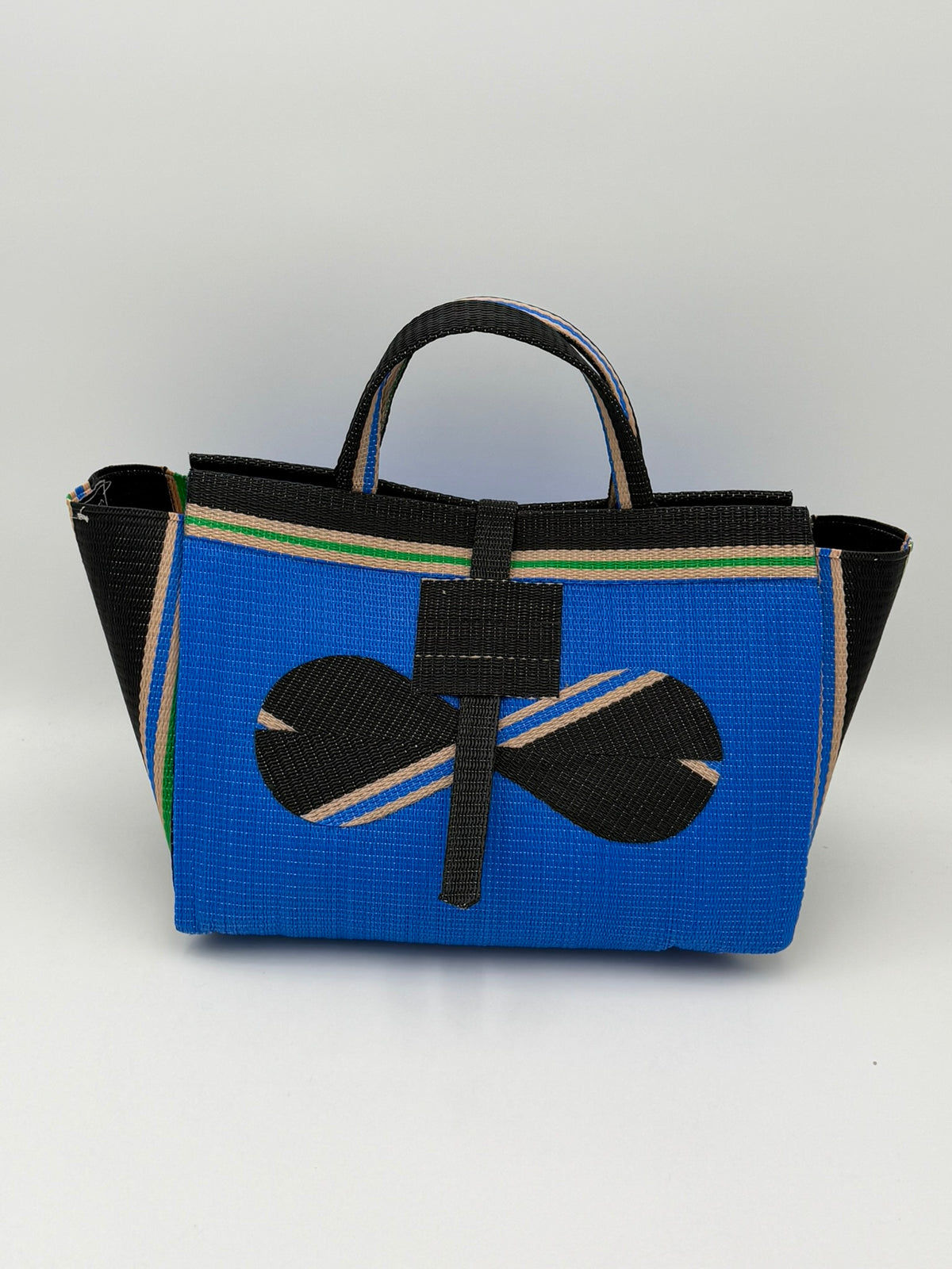 Lagoon Large handwoven tote bag by SCRUBIES in Blue,Black,Beige with Solid design and Bow accent pattern