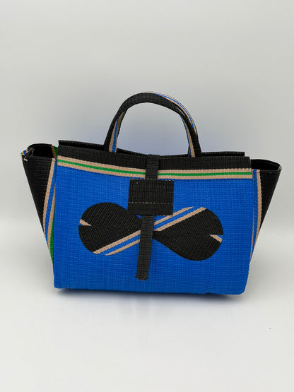 Lagoon Large handwoven tote bag by SCRUBIES in Blue,Black,Beige with Solid design and Bow accent pattern