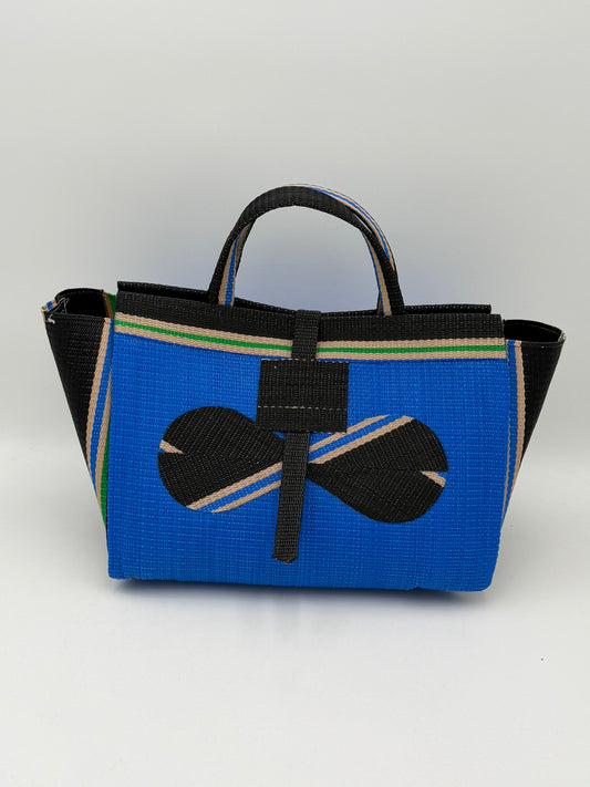Lagoon Large handwoven tote bag by SCRUBIES in Blue,Black,Beige with Solid design and Bow accent pattern