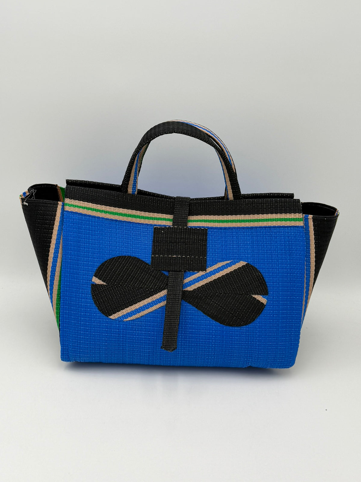 Lagoon Large handwoven tote bag by SCRUBIES in Blue,Black,Beige with Solid design and Bow accent pattern