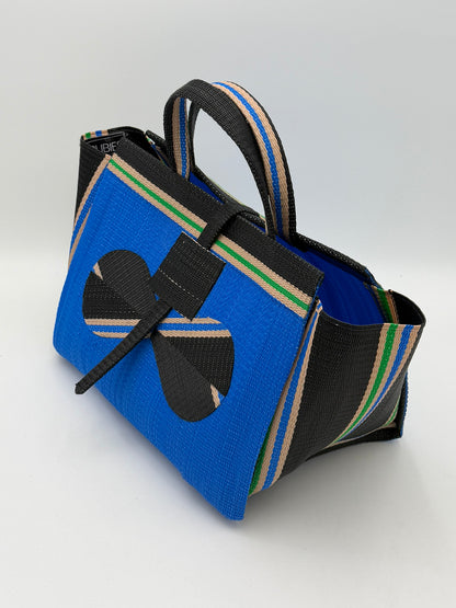 Lagoon Large handwoven tote bag by SCRUBIES in Blue,Black,Beige with Solid design and Bow accent pattern