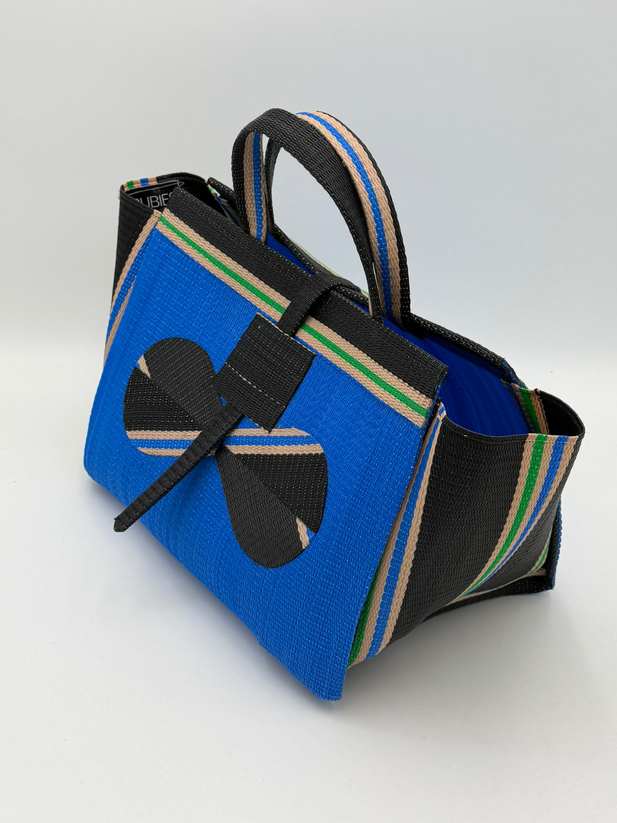 Lagoon Large handwoven tote bag by SCRUBIES in Blue,Black,Beige with Solid design and Bow accent pattern