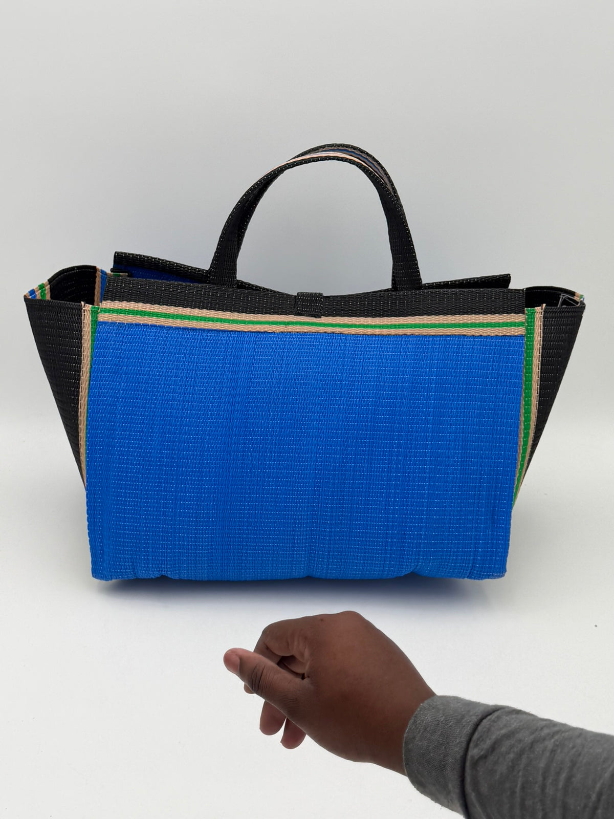 Lagoon Large handwoven tote bag by SCRUBIES in Blue,Black,Beige with Solid design and Bow accent pattern