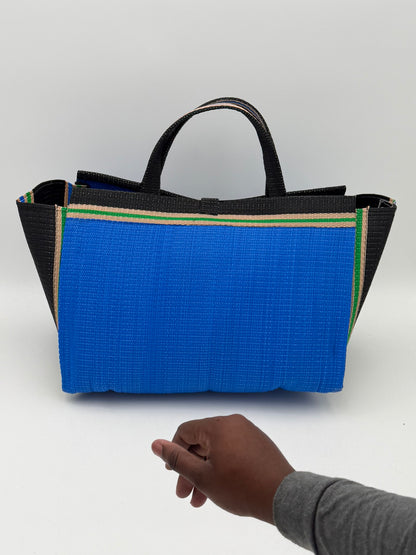 Lagoon Large handwoven tote bag by SCRUBIES in Blue,Black,Beige with Solid design and Bow accent pattern
