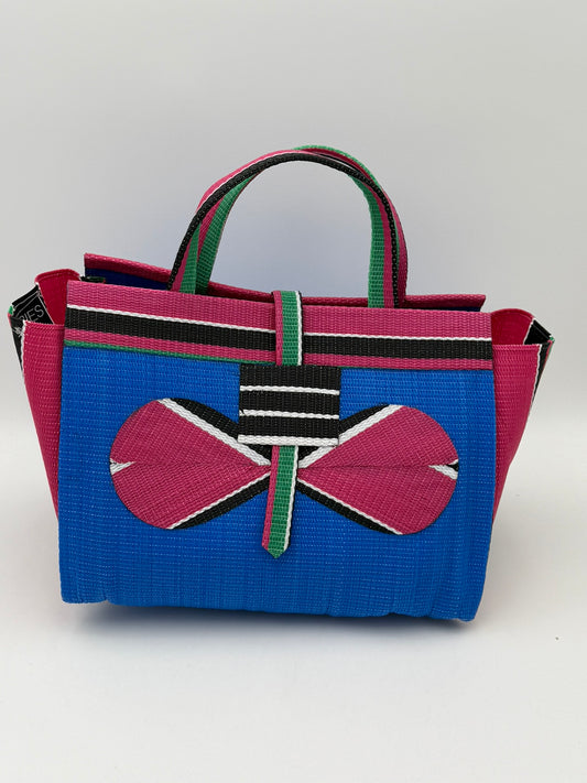 Lagoon Large handwoven tote bag by SCRUBIES in Blur,Pink,White,Black with Solid design and Bow accent pattern