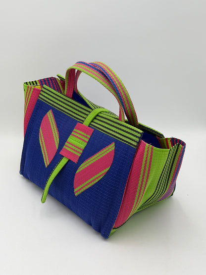 Berry Large handwoven tote bag by SCRUBIES in Blue,Lime,Pink with Solid design and Leaf accent pattern