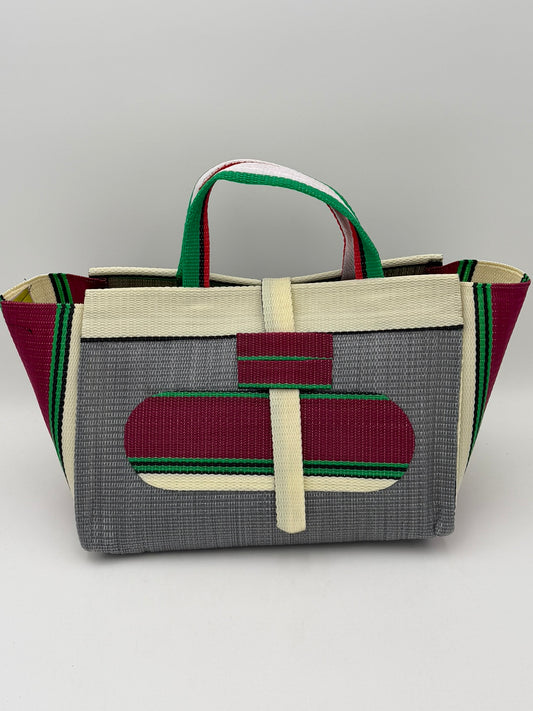 Metallic Large handwoven tote bag by SCRUBIES in Grey,Wine,Cream,Green with Solid design and Oval accent pattern