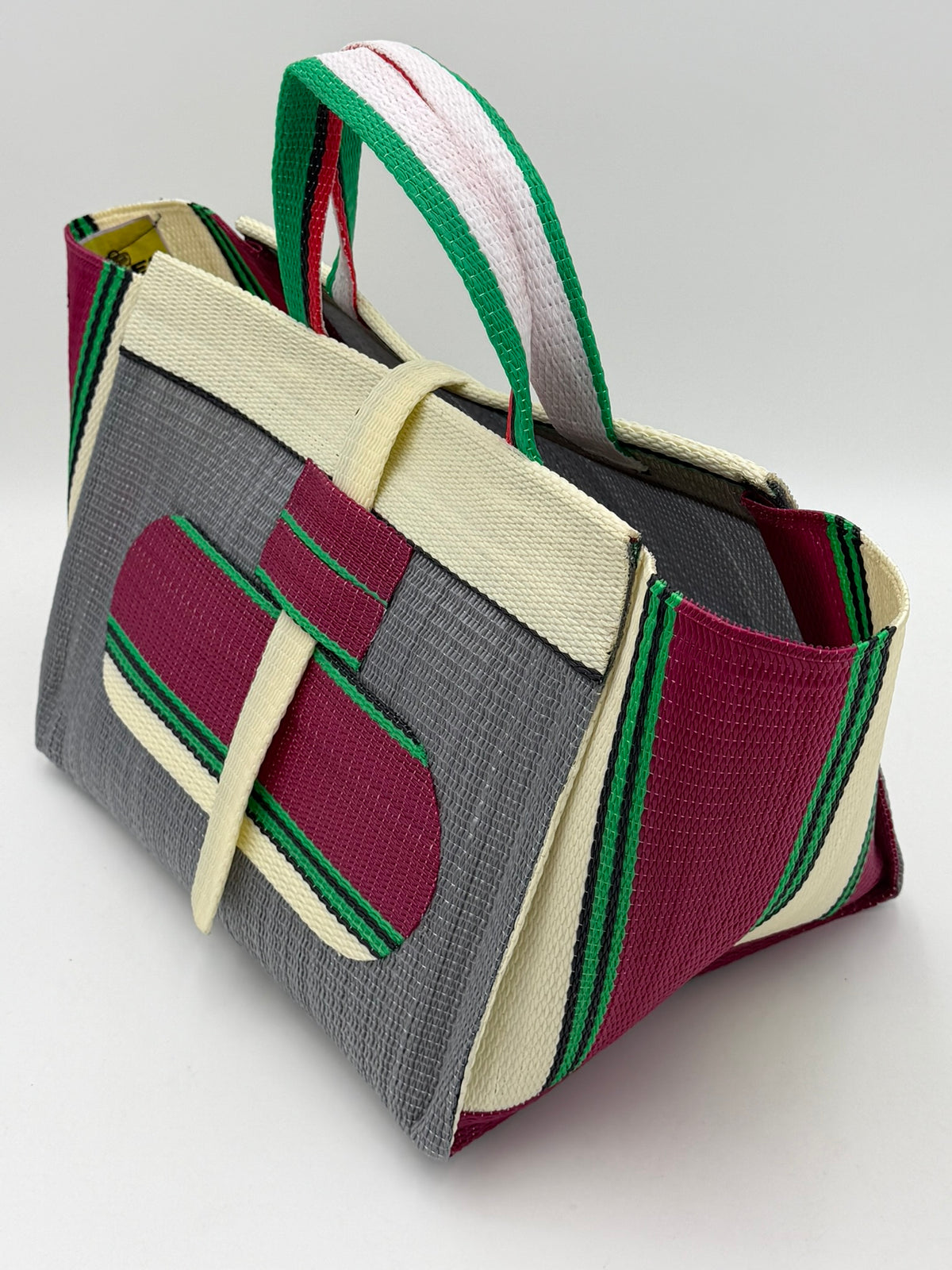 Metallic Large handwoven tote bag by SCRUBIES in Grey,Wine,Cream,Green with Solid design and Oval accent pattern