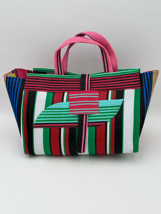 Arabian Large handwoven tote bag by SCRUBIES in Teal,Black,White,Green,Red,Blue with Stripes design and Almond accent pattern