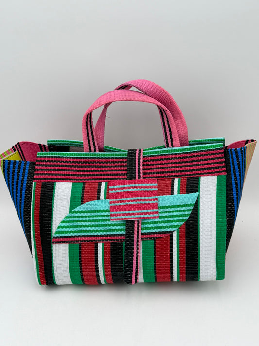 Arabian Large handwoven tote bag by SCRUBIES in Teal,Black,White,Green,Red,Blue with Stripes design and Almond accent pattern