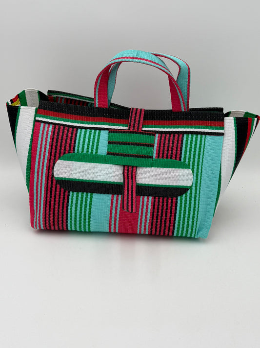 Arabian Large handwoven tote bag by SCRUBIES in Teal,Pink,Green,White,Black,Red with Stripes design and Oval accent pattern