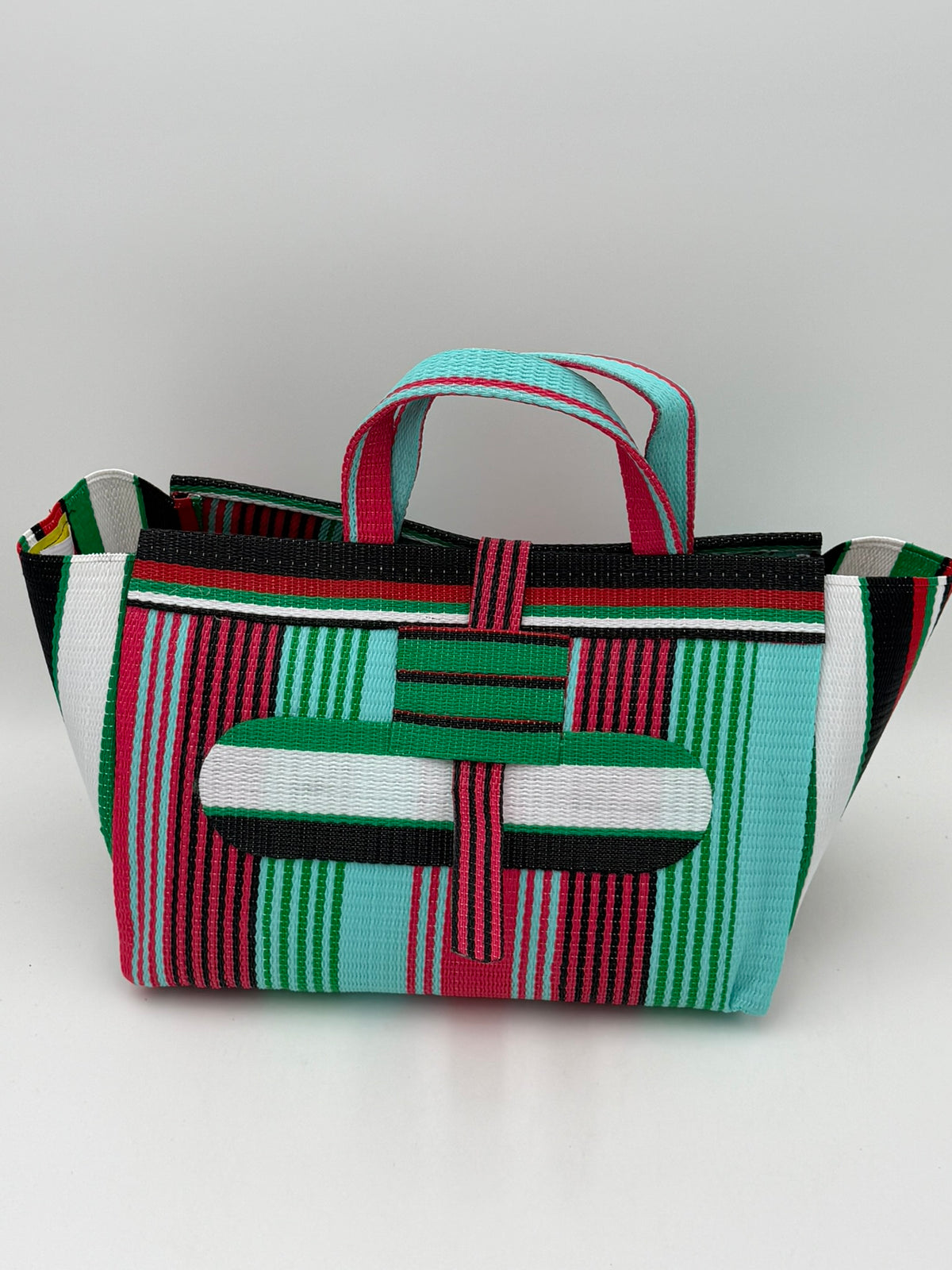 Arabian Large handwoven tote bag by SCRUBIES in Teal,Pink,Green,White,Black,Red with Stripes design and Oval accent pattern