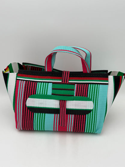 Arabian Large handwoven tote bag by SCRUBIES in Teal,Pink,Green,White,Black,Red with Stripes design and Oval accent pattern