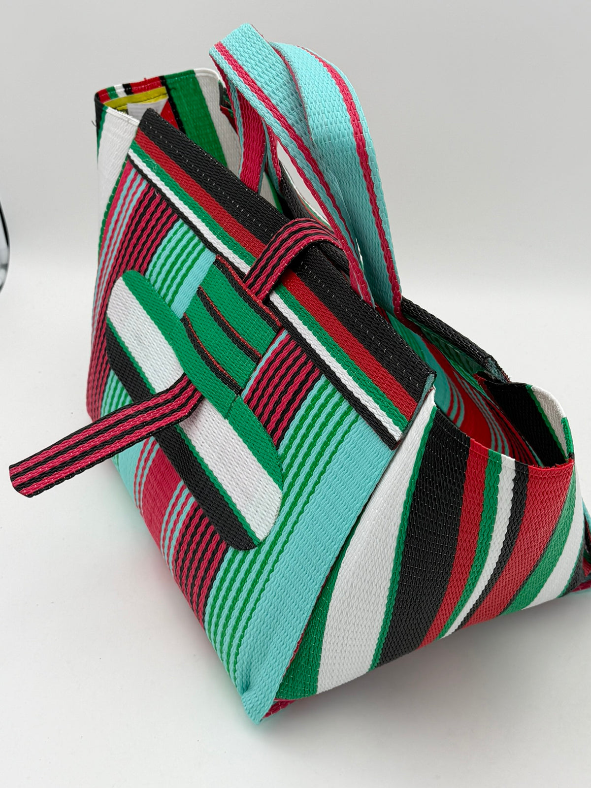 Arabian Large handwoven tote bag by SCRUBIES in Teal,Pink,Green,White,Black,Red with Stripes design and Oval accent pattern