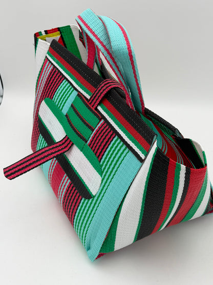 Arabian Large handwoven tote bag by SCRUBIES in Teal,Pink,Green,White,Black,Red with Stripes design and Oval accent pattern