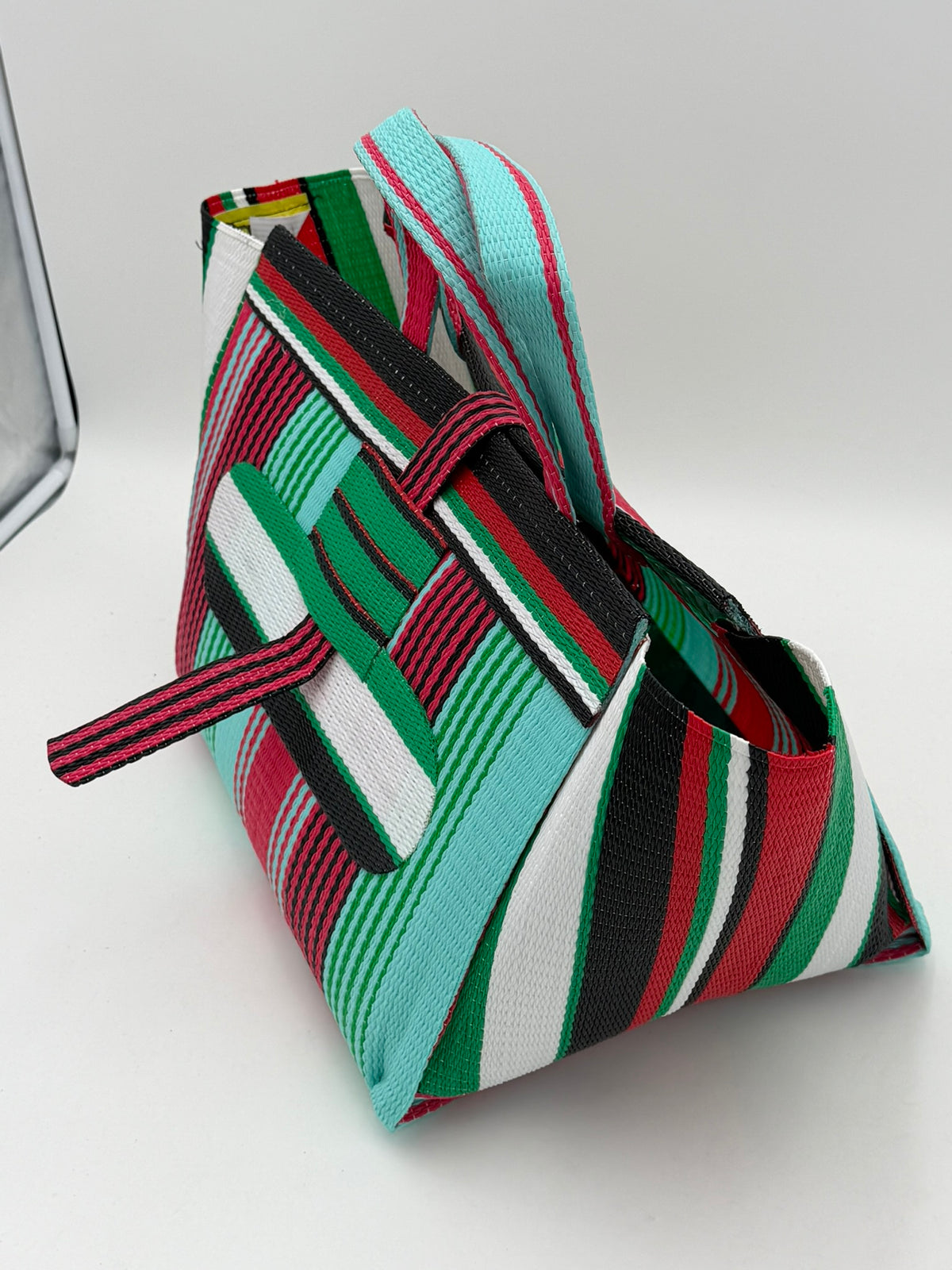 Arabian Large handwoven tote bag by SCRUBIES in Teal,Pink,Green,White,Black,Red with Stripes design and Oval accent pattern