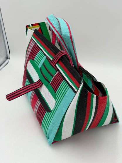 Arabian Large handwoven tote bag by SCRUBIES in Teal,Pink,Green,White,Black,Red with Stripes design and Oval accent pattern