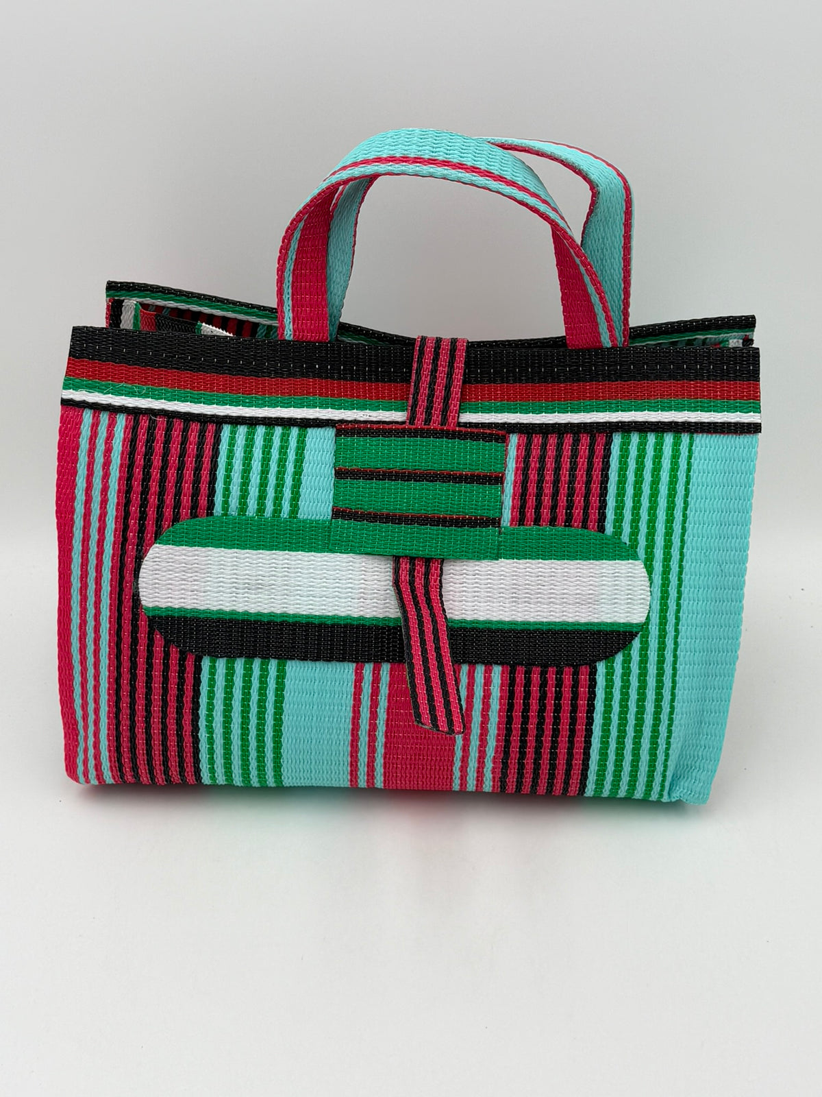 Arabian Large handwoven tote bag by SCRUBIES in Teal,Pink,Green,White,Black,Red with Stripes design and Oval accent pattern