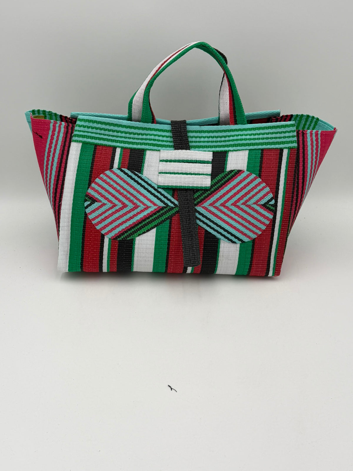 Arabian Large handwoven tote bag by SCRUBIES in Teal,Green,Red,White,Black,Pink with Stripes design and Bow accent pattern