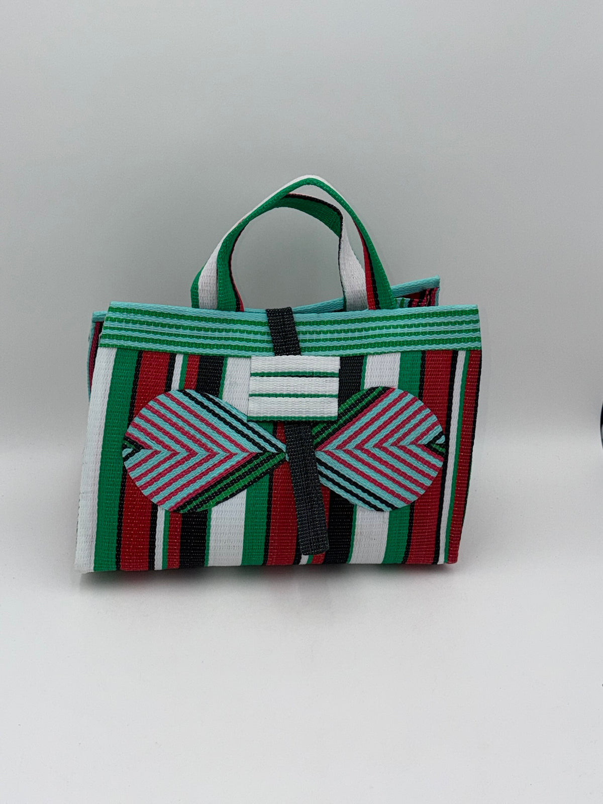 Arabian Large handwoven tote bag by SCRUBIES in Teal,Green,Red,White,Black,Pink with Stripes design and Bow accent pattern