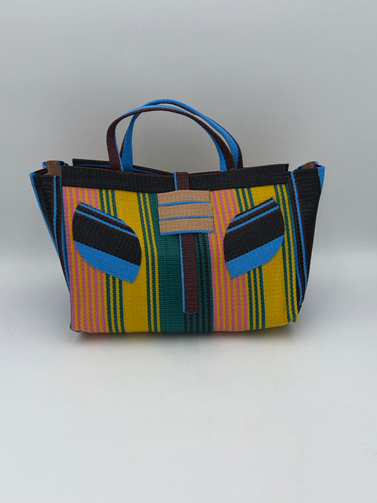 Citrus Large handwoven tote bag by SCRUBIES in Pink,Yellow,Blue,Black,Beige, with Stripes design and Leaf accent pattern