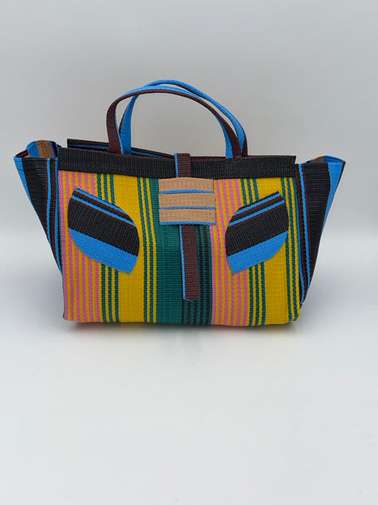 Citrus Large handwoven tote bag by SCRUBIES in Pink,Yellow,Blue,Black,Beige, with Stripes design and Leaf accent pattern