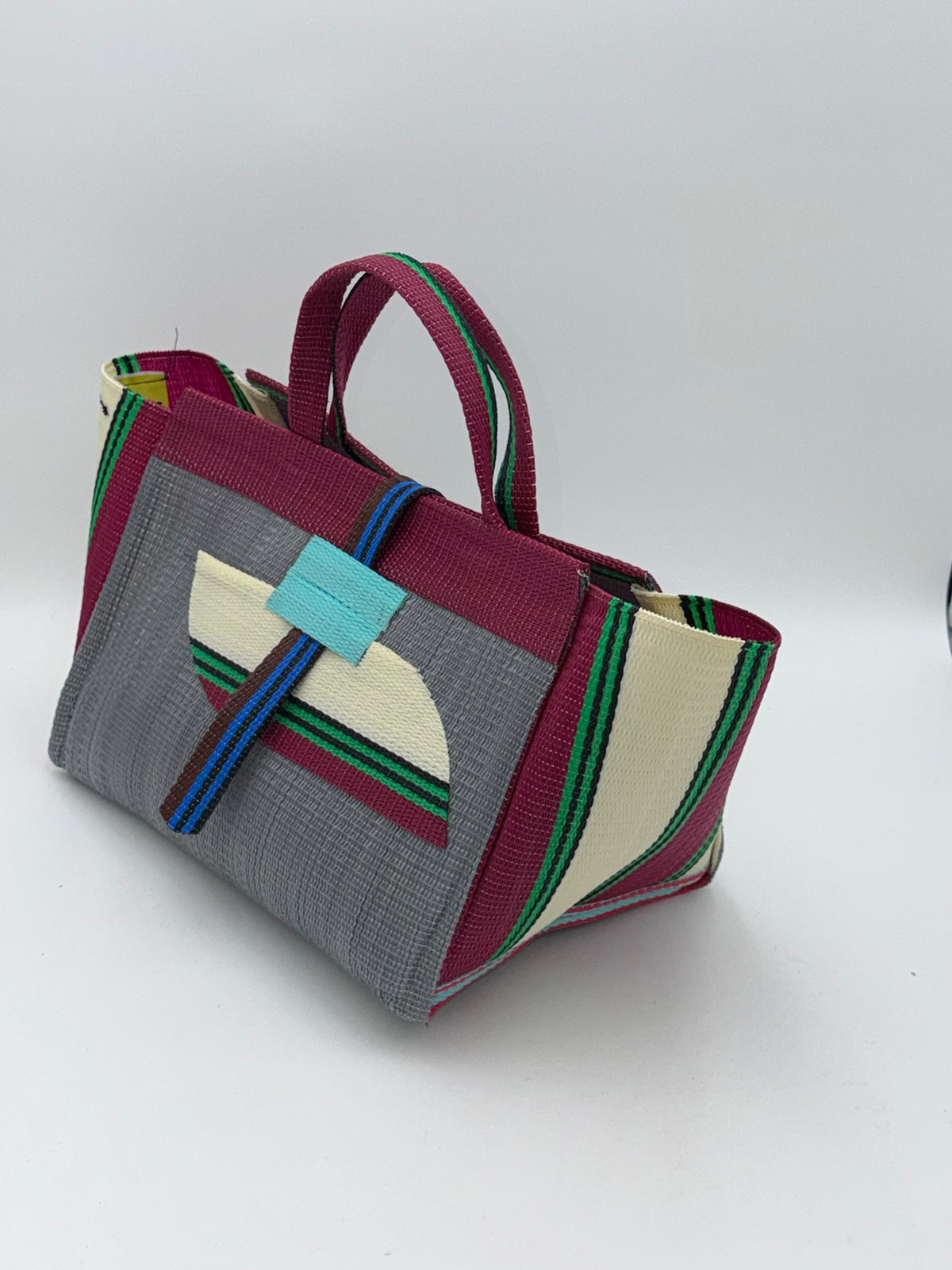 Metallic Large handwoven tote bag by SCRUBIES in Grey,Wine,Cream,Green with Solid design and Almond accent pattern