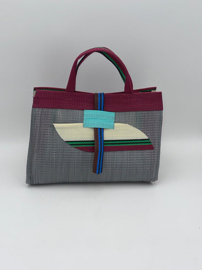 Metallic Large handwoven tote bag by SCRUBIES in Grey,Wine,Cream,Green with Solid design and Almond accent pattern