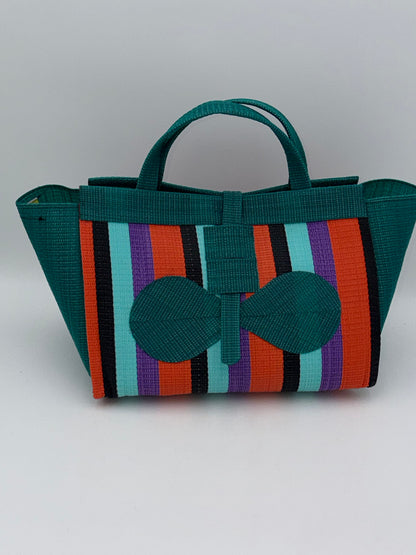 Teal Blocks Large handwoven tote bag by SCRUBIES in Green,Teal,Orange,Wine,Purple,Black with Block design and Bow accent pattern