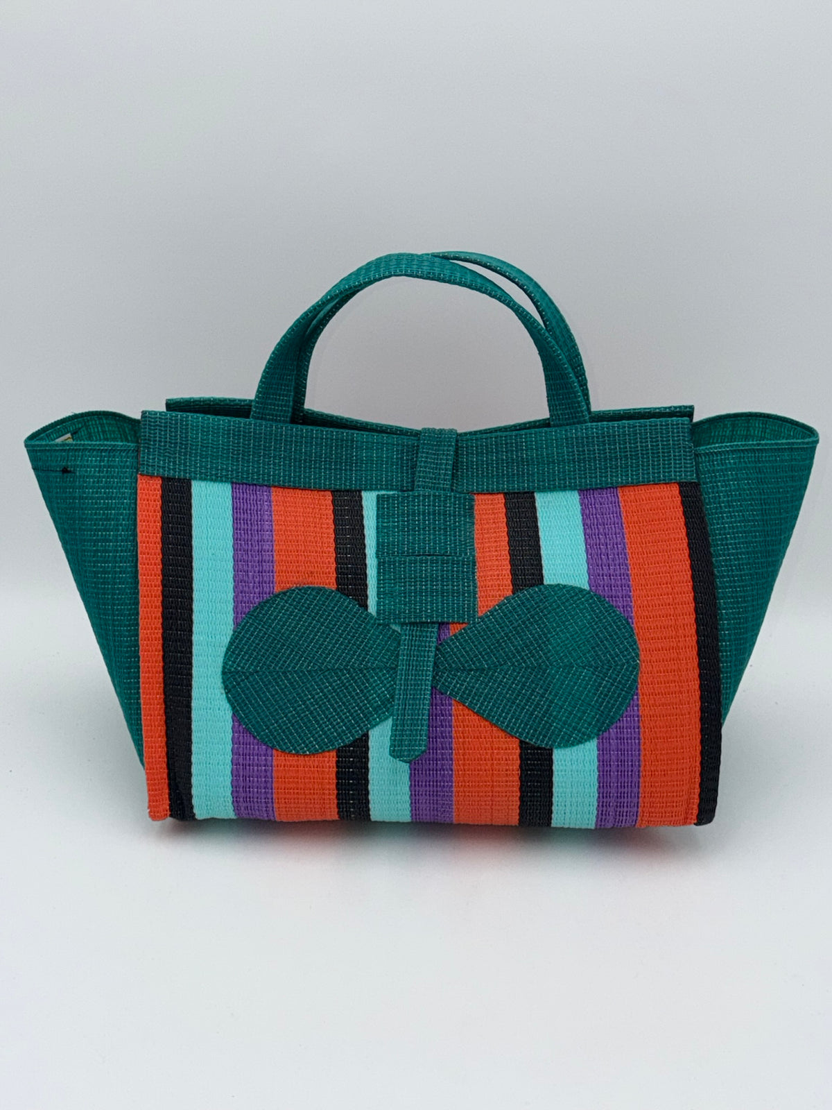 Teal Blocks Large handwoven tote bag by SCRUBIES in Green,Teal,Orange,Wine,Purple,Black with Block design and Bow accent pattern