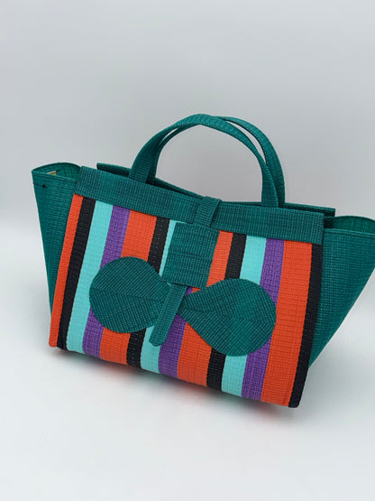 Teal Blocks Large handwoven tote bag by SCRUBIES in Green,Teal,Orange,Wine,Purple,Black with Block design and Bow accent pattern