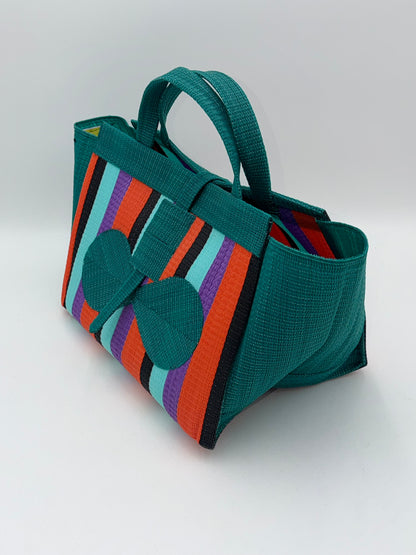 Teal Blocks Large handwoven tote bag by SCRUBIES in Green,Teal,Orange,Wine,Purple,Black with Block design and Bow accent pattern