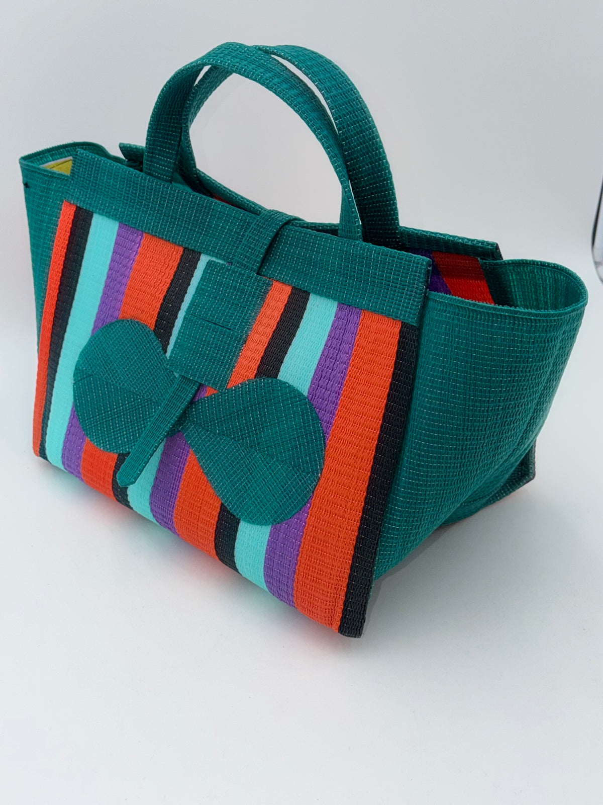 Teal Blocks Large handwoven tote bag by SCRUBIES in Green,Teal,Orange,Wine,Purple,Black with Block design and Bow accent pattern