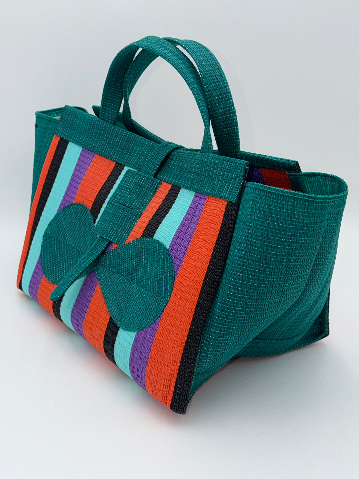 Teal Blocks Large handwoven tote bag by SCRUBIES in Green,Teal,Orange,Wine,Purple,Black with Block design and Bow accent pattern