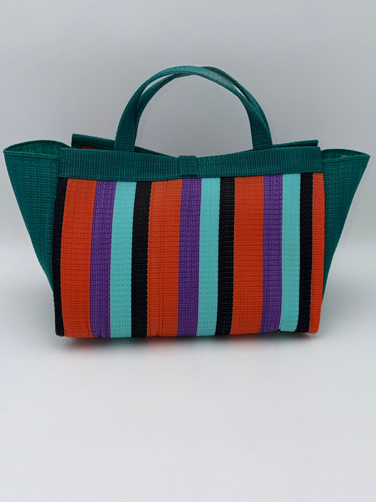 Teal Blocks Large handwoven tote bag by SCRUBIES in Green,Teal,Orange,Wine,Purple,Black with Block design and Bow accent pattern