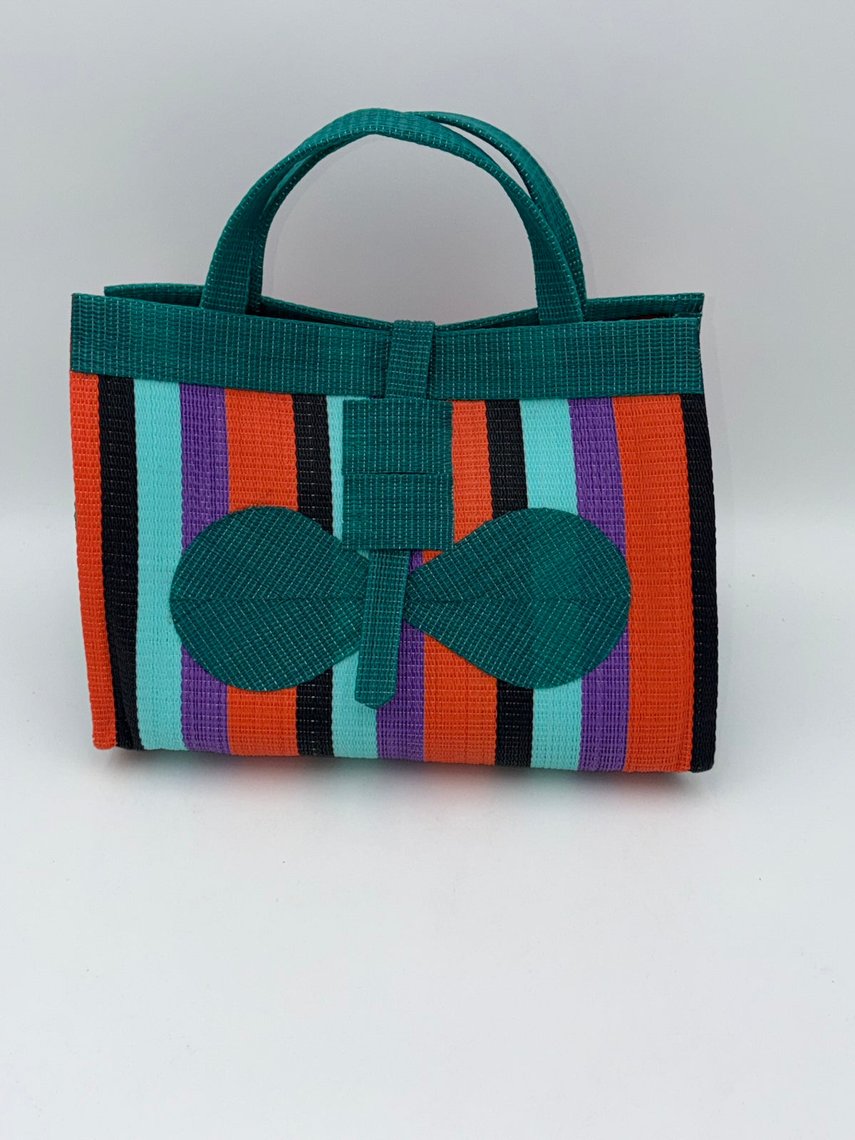 Teal Blocks Large handwoven tote bag by SCRUBIES in Green,Teal,Orange,Wine,Purple,Black with Block design and Bow accent pattern
