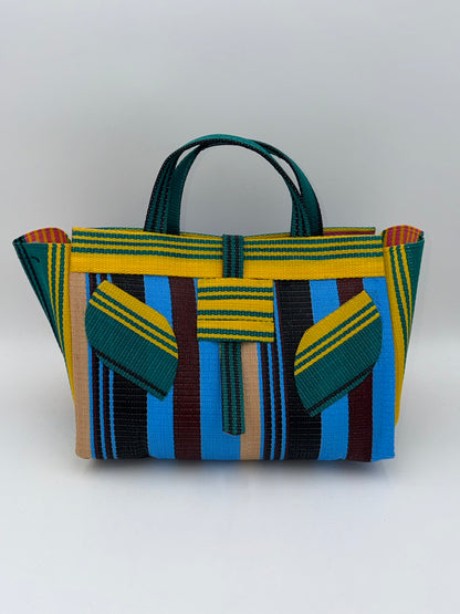 Boho Large handwoven tote bag by SCRUBIES in Yellow,Green,Blue,Black,Beige,Wine with Stripes design and Leaf accent pattern