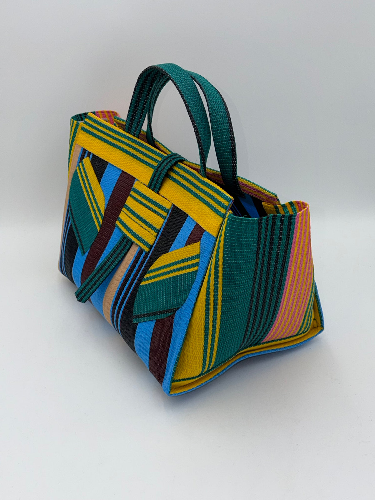 Boho Large handwoven tote bag by SCRUBIES in Yellow,Green,Blue,Black,Beige,Wine with Stripes design and Leaf accent pattern