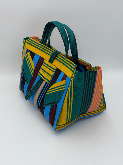 Boho Large handwoven tote bag by SCRUBIES in Yellow,Green,Blue,Black,Beige,Wine with Stripes design and Leaf accent pattern