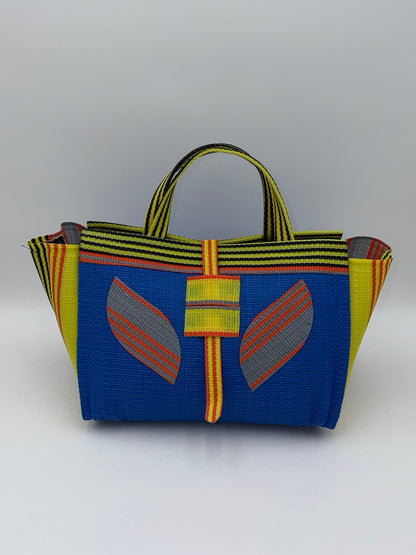 Lagoon Large handwoven tote bag by SCRUBIES in Blue,Yellow,Orange with Solid design and Leaf accent pattern