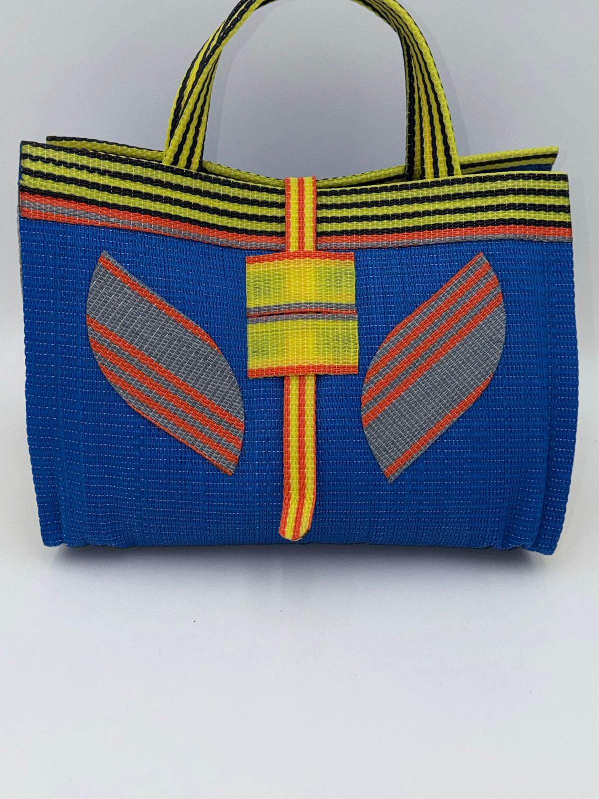 Lagoon Large handwoven tote bag by SCRUBIES in Blue,Yellow,Orange with Solid design and Leaf accent pattern
