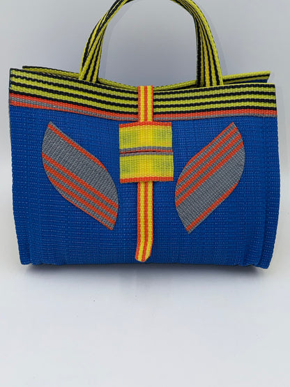 Lagoon Large handwoven tote bag by SCRUBIES in Blue,Yellow,Orange with Solid design and Leaf accent pattern