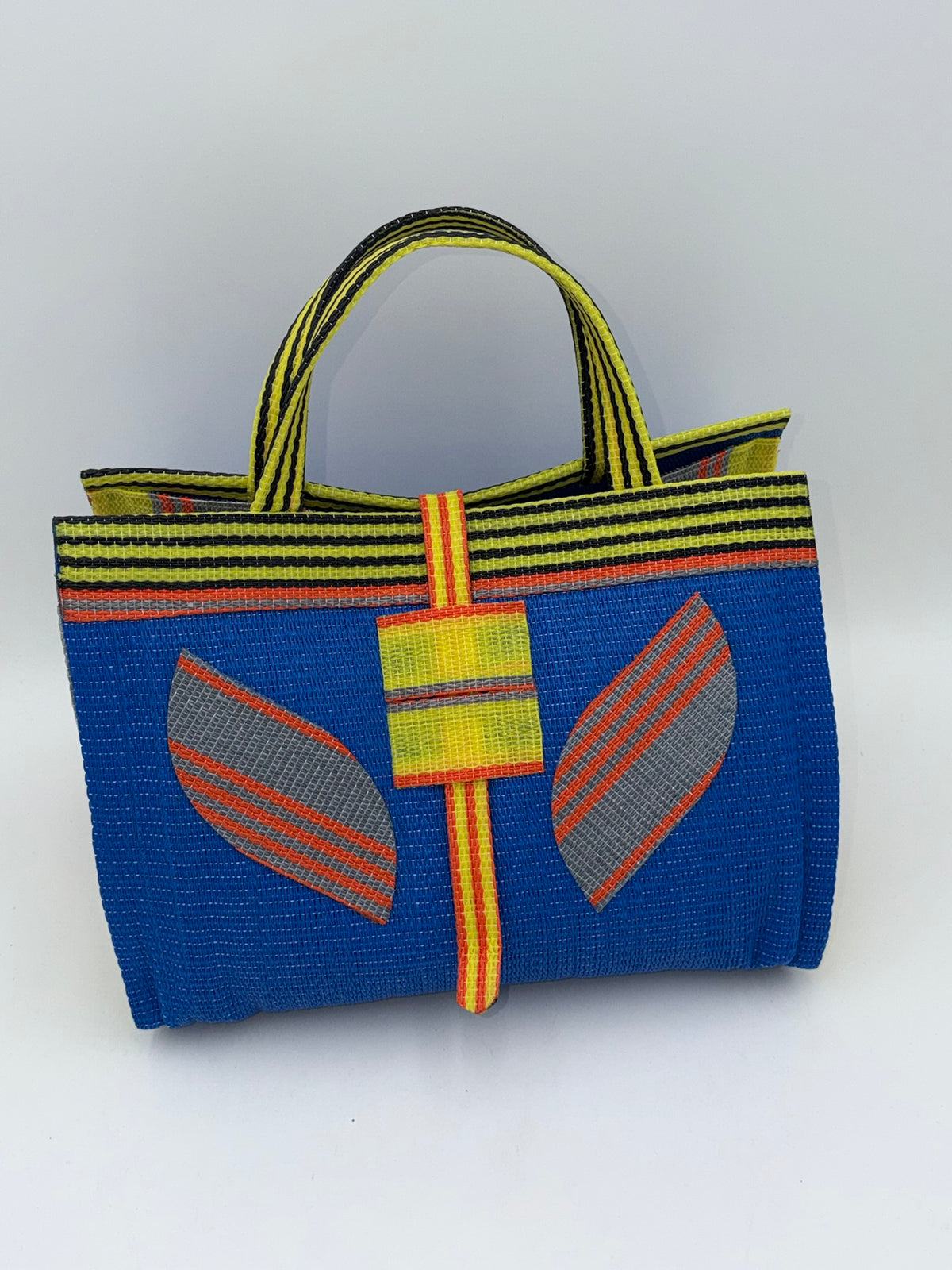 Lagoon Large handwoven tote bag by SCRUBIES in Blue,Yellow,Orange with Solid design and Leaf accent pattern