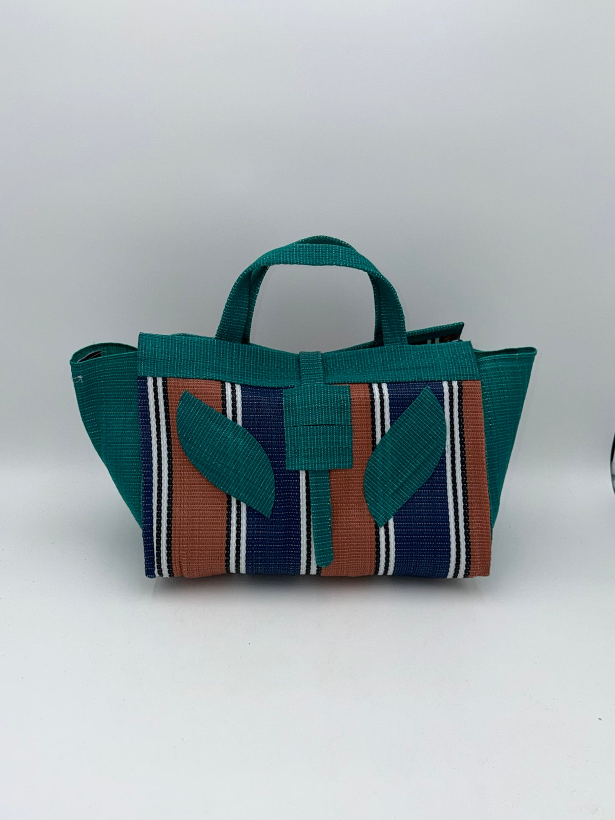 Emerald Large handwoven tote bag by SCRUBIES in Green,Brown,Blue,White with Stripes design and Leaf accent pattern