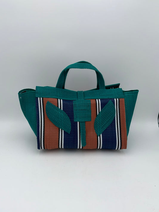 Emerald Large handwoven tote bag by SCRUBIES in Green,Brown,Blue,White with Stripes design and Leaf accent pattern