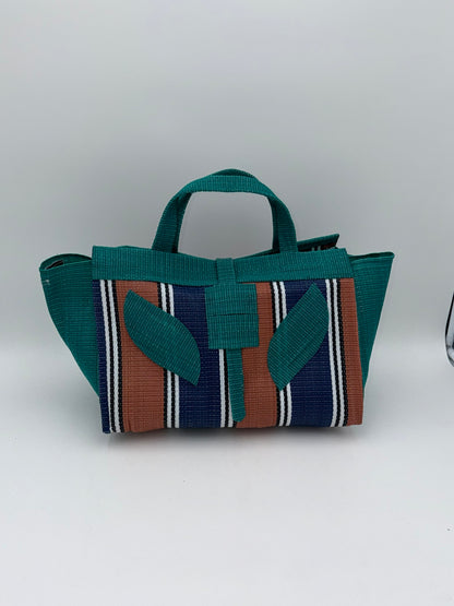 Emerald Large handwoven tote bag by SCRUBIES in Green,Brown,Blue,White with Stripes design and Leaf accent pattern