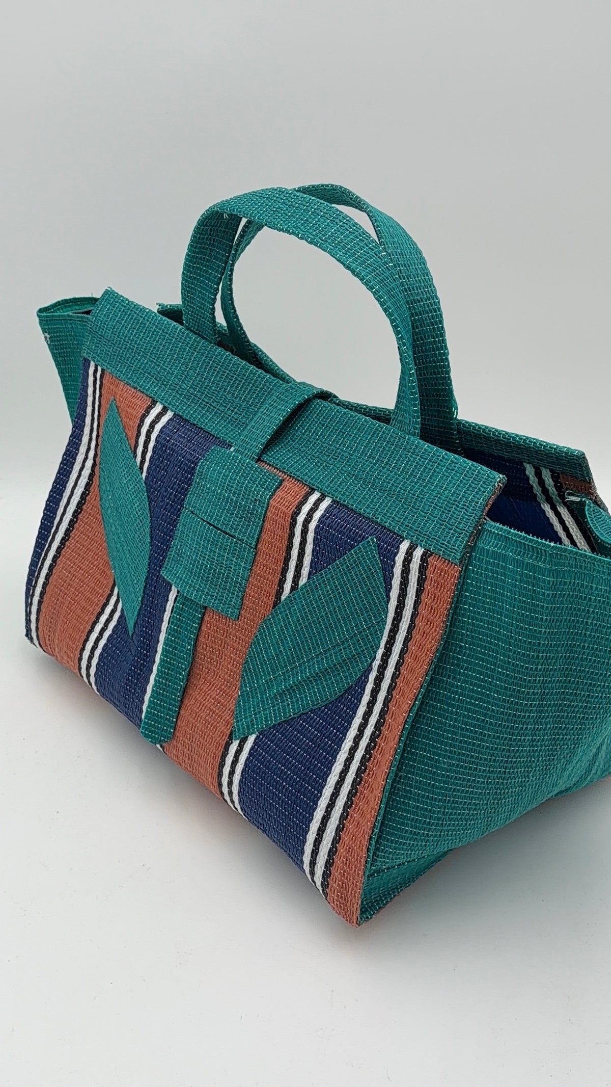 Emerald Large handwoven tote bag by SCRUBIES in Green,Brown,Blue,White with Stripes design and Leaf accent pattern