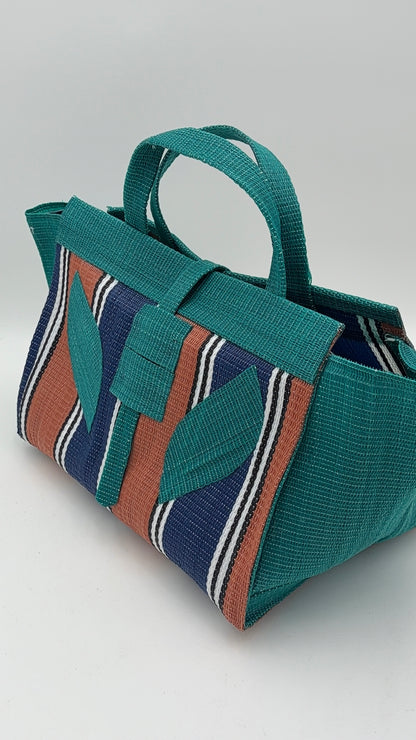 Emerald Large handwoven tote bag by SCRUBIES in Green,Brown,Blue,White with Stripes design and Leaf accent pattern